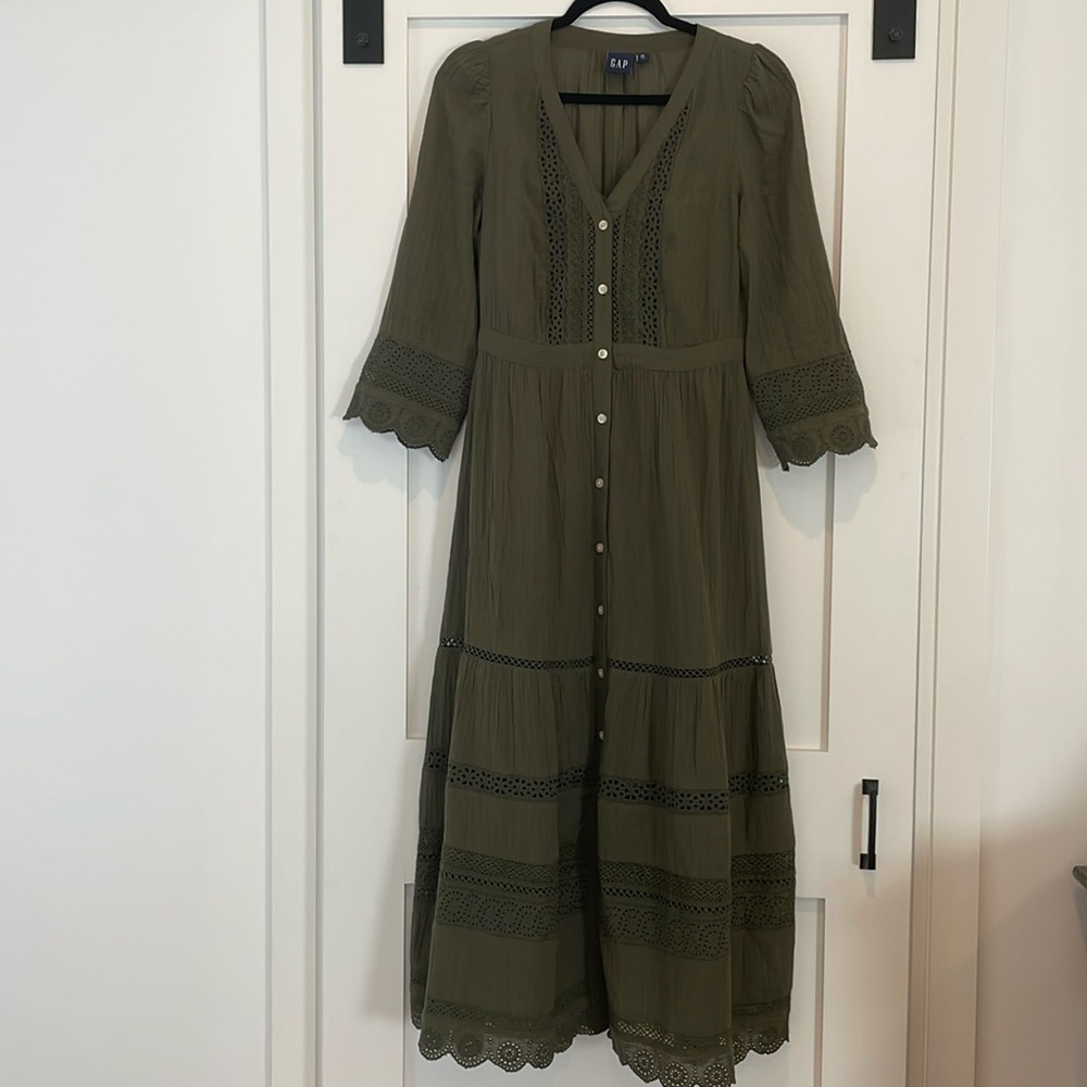 Gap Textured Crinkle Lace Midi Dress, Olive Green, XS